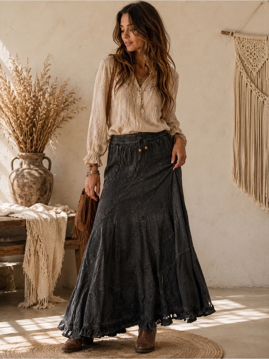 Young Threads Dresses & Skirts - Young Threads NWT Charcoal Boho Maxi Skirt Size Medium Flowy Cottagecore